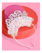 Silver glitter Save Baby headband with iridescent tinsel baby shower from Parte Haus party supply store in Bethesda MD