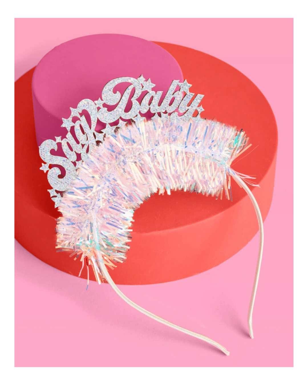 Silver glitter Save Baby headband with iridescent tinsel baby shower from Parte Haus party supply store in Bethesda MD