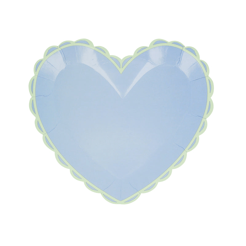 Light blue heart shaped paper plate with scalloped edge for birthday theme from Parte Haus party supply store in Bethesda MD