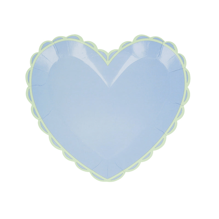 Light blue heart shaped paper plate with scalloped edge for birthday theme from Parte Haus party supply store in Bethesda MD