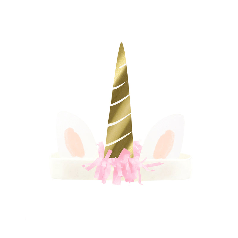 Gold unicorn horn headband with pink fringe for birthday from Parte Haus party supply store in Bethesda MD