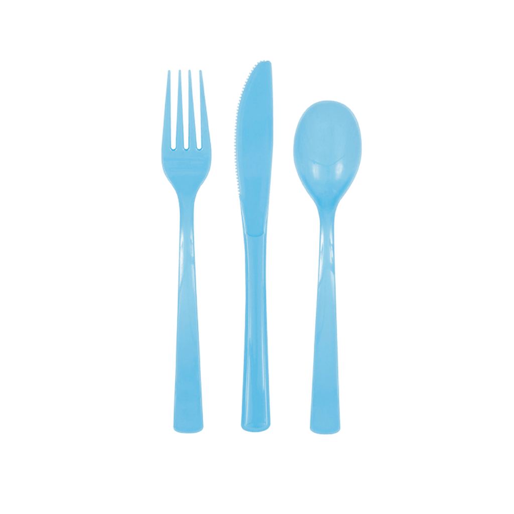 light blue plastic cutlery set with fork knife and spoon birthday theme from Parte Haus party supply store in Bethesda MD