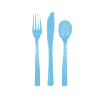 light blue plastic cutlery set with fork knife and spoon birthday theme from Parte Haus party supply store in Bethesda MD