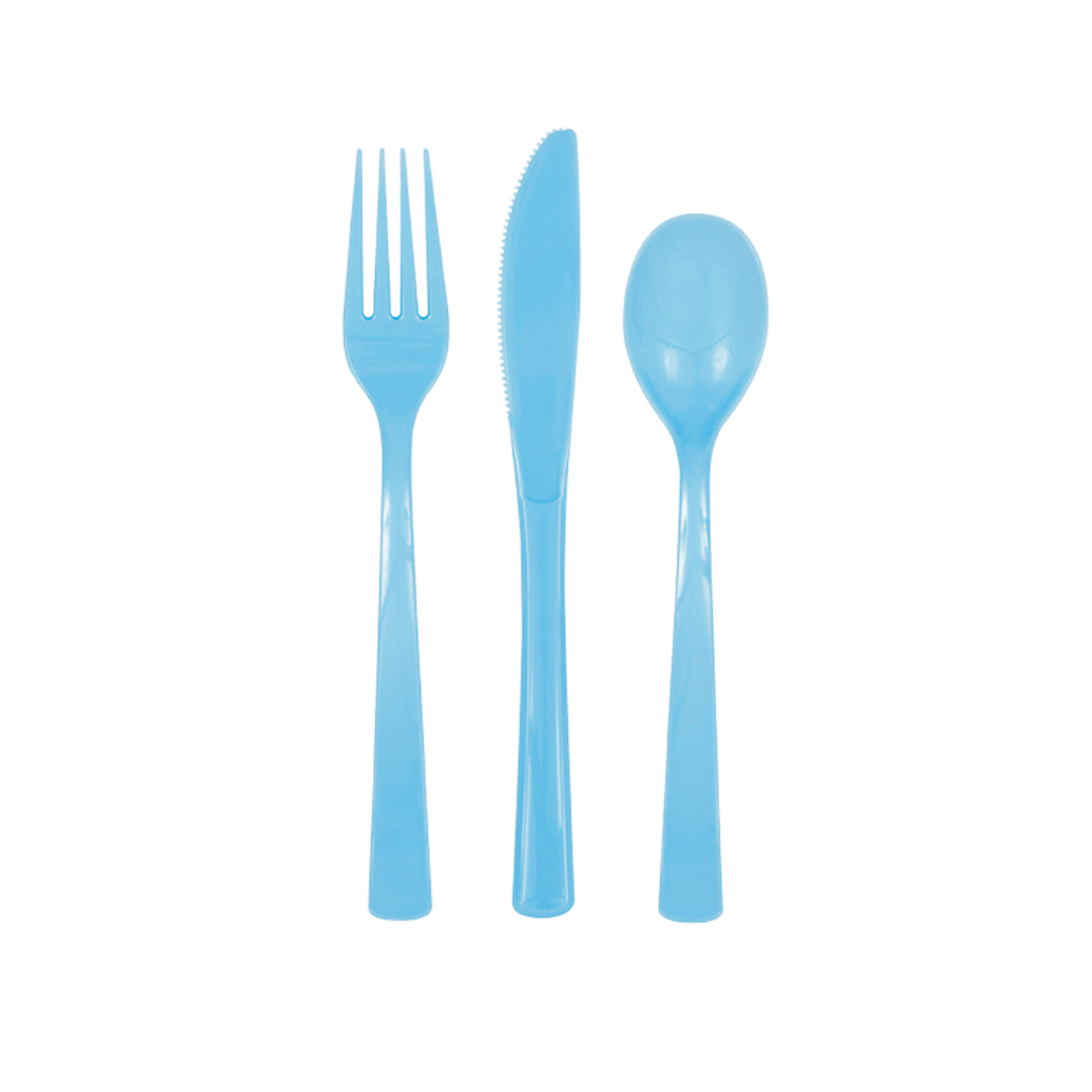 light blue plastic cutlery set with fork knife and spoon birthday theme from Parte Haus party supply store in Bethesda MD