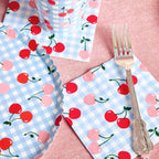 Blue cherry picnic tableware set for birthday celebration from Parte Haus party supply store in Bethesda MD