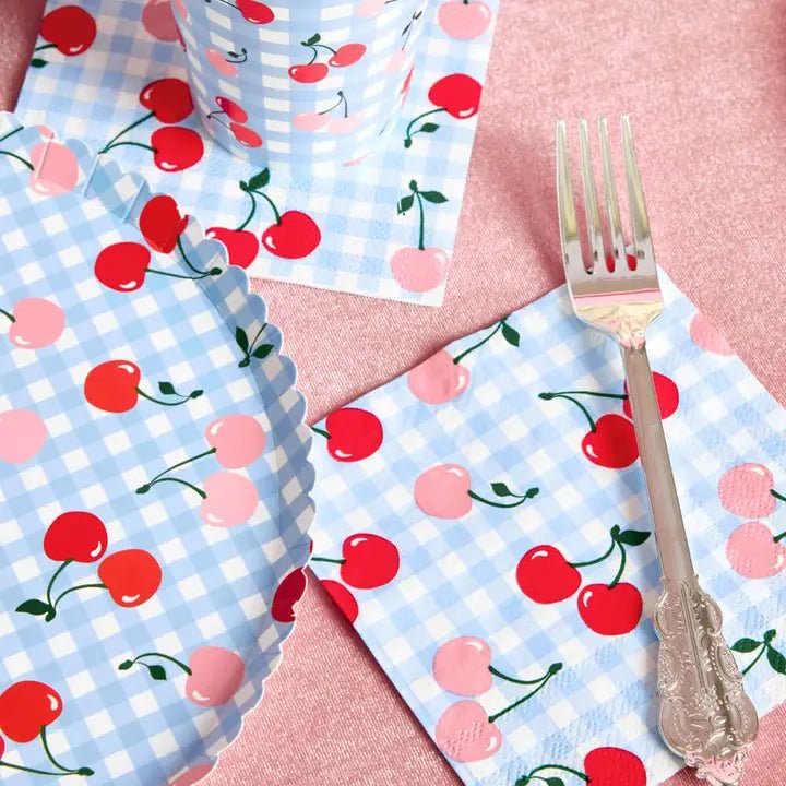 Blue cherry picnic tableware set for birthday celebration from Parte Haus party supply store in Bethesda MD