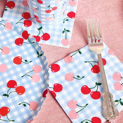 Blue cherry picnic tableware set for birthday celebration from Parte Haus party supply store in Bethesda MD