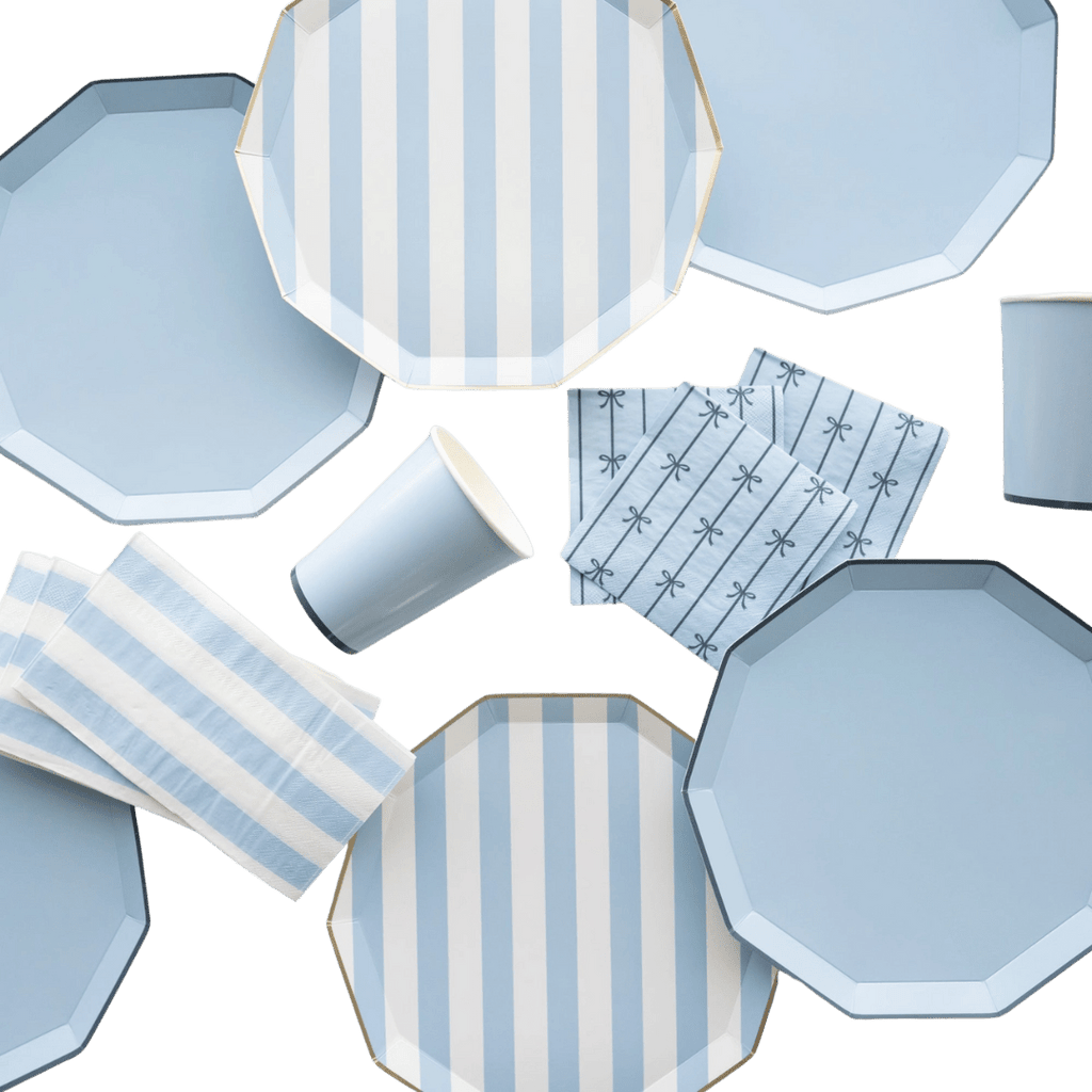 Light blue striped plate cup napkin set for celebration from Parte Haus party supply store in Bethesda Maryland