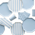Light blue striped plate cup napkin set for celebration from Parte Haus party supply store in Bethesda Maryland