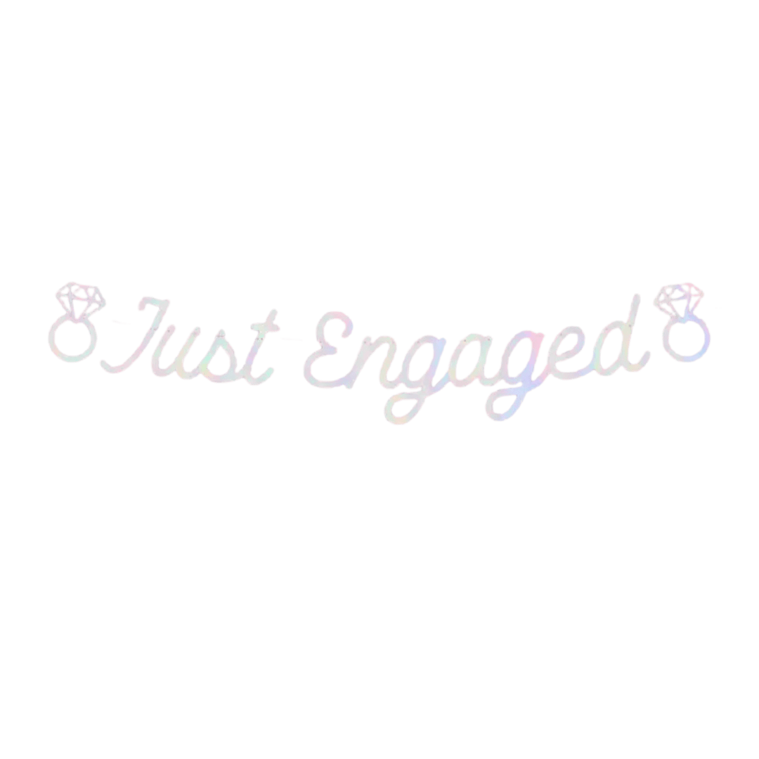 Iridescent Just Engaged banner with diamond ring graphics for engagement theme from Parte Haus party supply store in Bethesda MD.