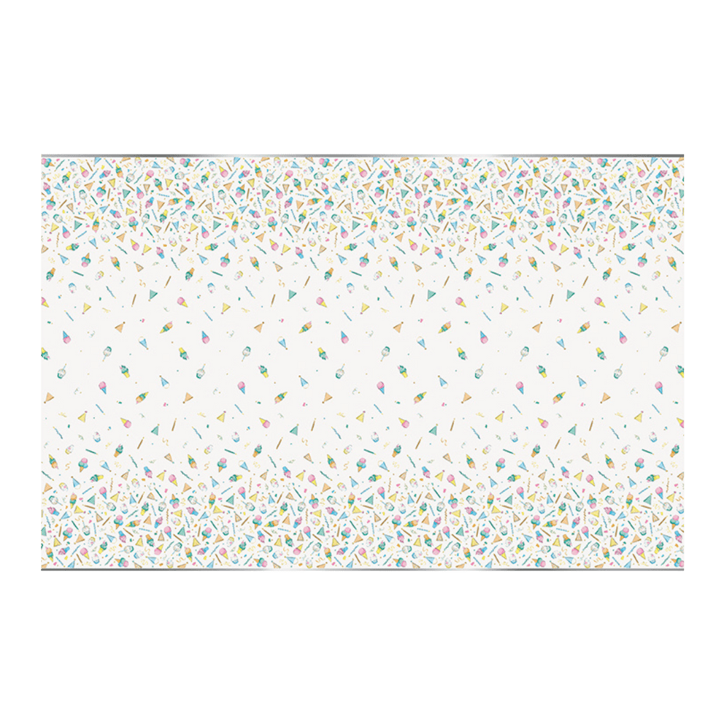 Pastel confetti plastic table cover with party hats and balloons for birthday from Parte Haus party supply store in Bethesda MD