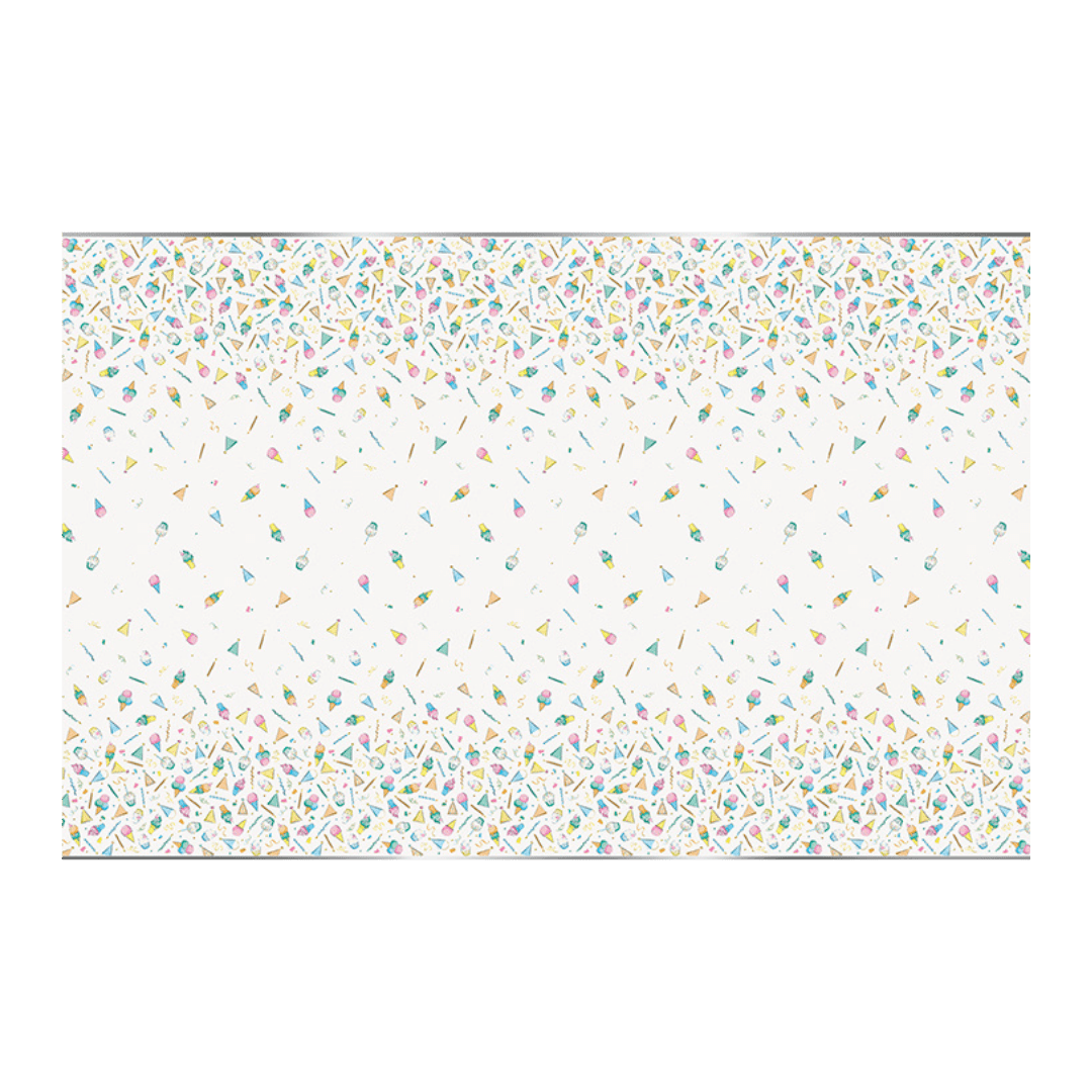 Pastel confetti plastic table cover with party hats and balloons for birthday from Parte Haus party supply store in Bethesda MD