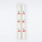 White cherry print taper candles with red cherries for birthday from Parte Haus party supply store in Bethesda Maryland