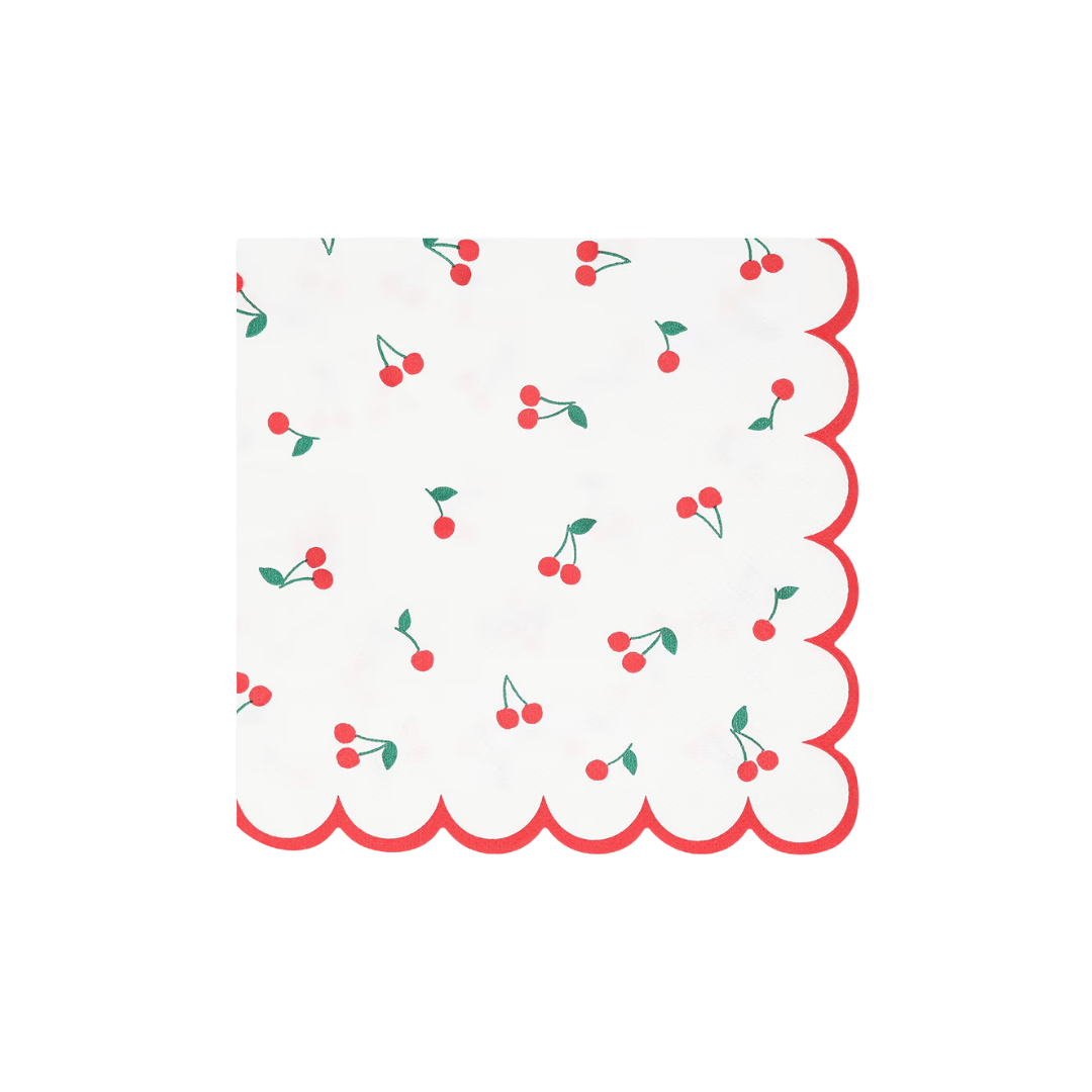 red cherry print napkin with scalloped edge picnic or summer theme from Parte Haus party supply store in Bethesda MD
