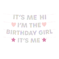 Iridescent birthday banner with heart and star shapes birthday theme from Parte Haus party supply store in Bethesda MD.