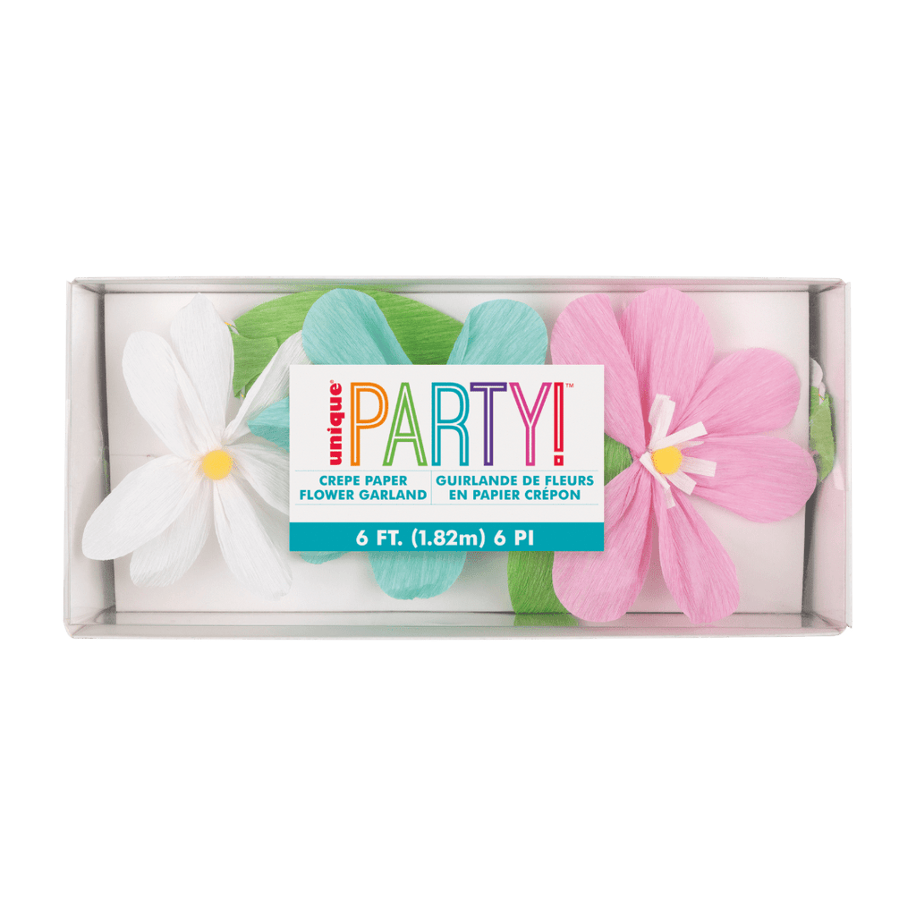 Pastel crepe paper flower garland with white and pink flowers for spring from Parte Haus party supply store in Bethesda MD