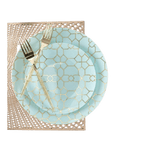 Blue and gold dinnerware set with geometric pattern modern event decor from Parte Haus party supply store in Bethesda MD