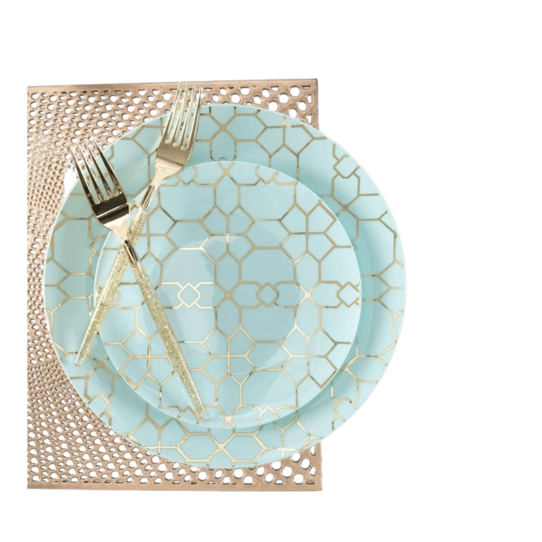 Blue and gold dinnerware set with geometric pattern modern event decor from Parte Haus party supply store in Bethesda MD