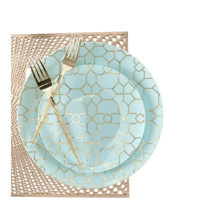 Blue and gold dinnerware set with geometric pattern modern event decor from Parte Haus party supply store in Bethesda MD