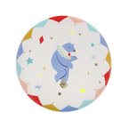 multicolor circus bear paper plate with bear on unicycle circus birthday theme from Parte Haus party supply store in Bethesda Maryland