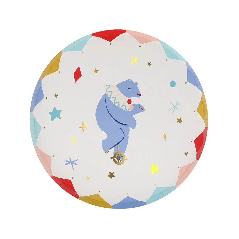 multicolor circus bear paper plate with bear on unicycle circus birthday theme from Parte Haus party supply store in Bethesda Maryland