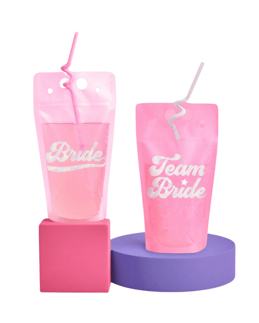 Pink pouch drink bags with straws Bride and Team Bride bachelorette from Parte Haus party supply store in Bethesda MD.