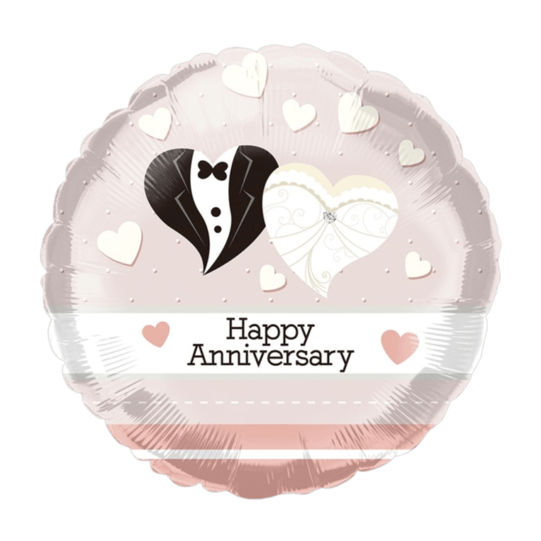 Pink anniversary balloon with tuxedo and dress heart from Parte Haus party supply store in Bethesda Maryland