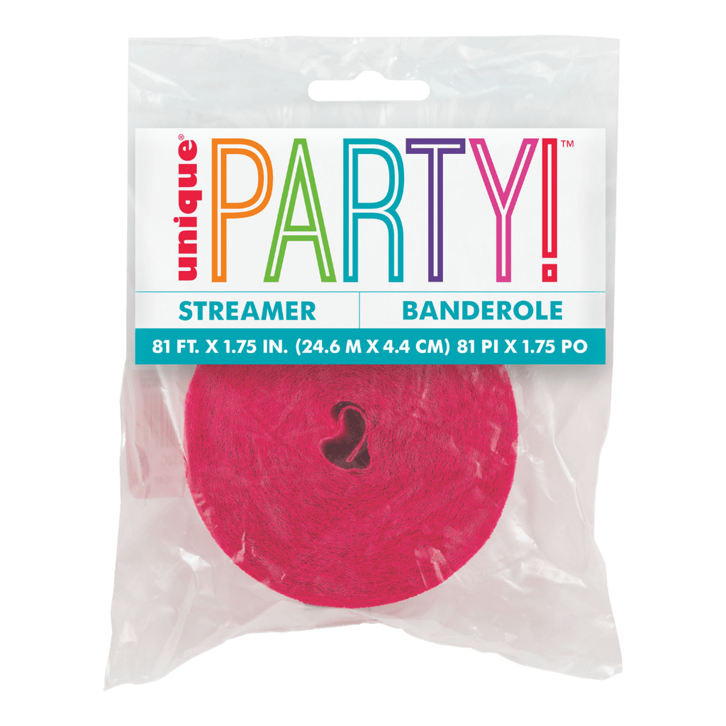 Pink streamer rolled in plastic pack birthday from Parte Haus party supply store in Bethesda Maryland