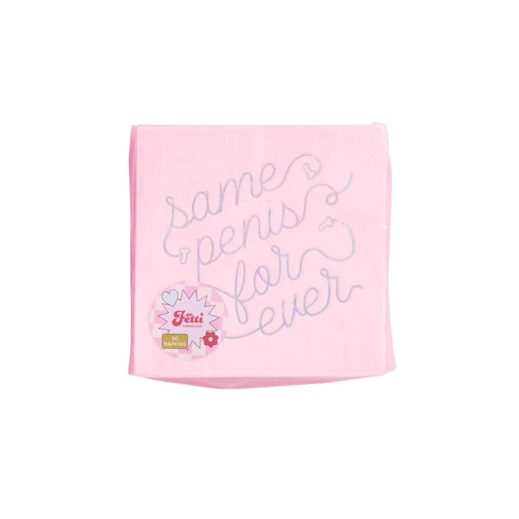 Pink bachelorette napkin with fun script for bridal celebration from Parte Haus party supply store in Bethesda MD