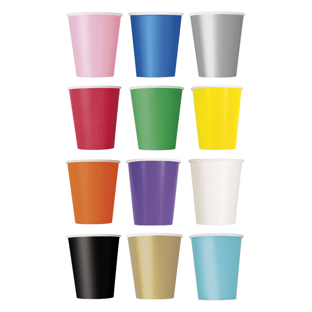 Multicolor paper cups with white rims stacked in rows for birthday from Parte Haus party supply store in Bethesda MD