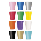 Multicolor paper cups with white rims stacked in rows for birthday from Parte Haus party supply store in Bethesda MD