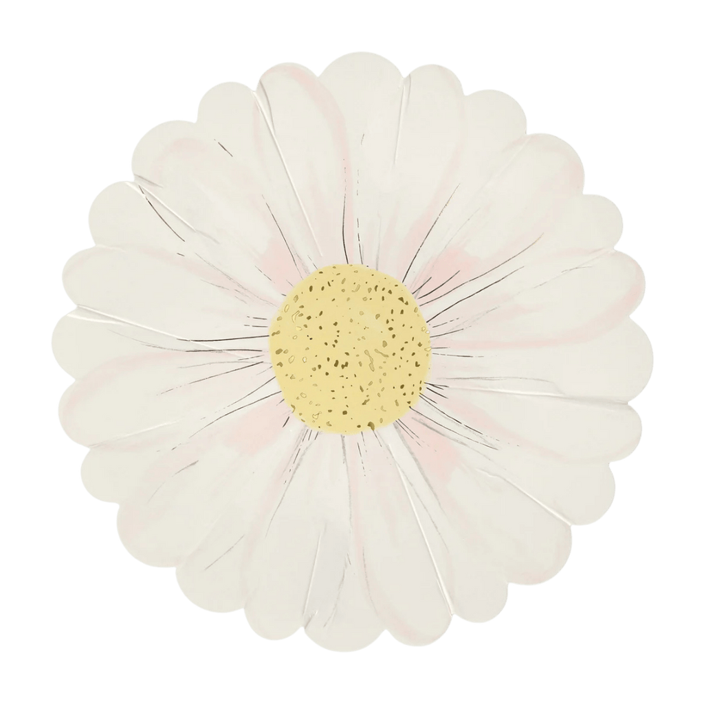 White daisy flower plate with yellow center spring floral theme from Parte Haus party supply store in Bethesda MD.