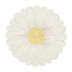 White daisy flower plate with yellow center spring floral theme from Parte Haus party supply store in Bethesda MD.