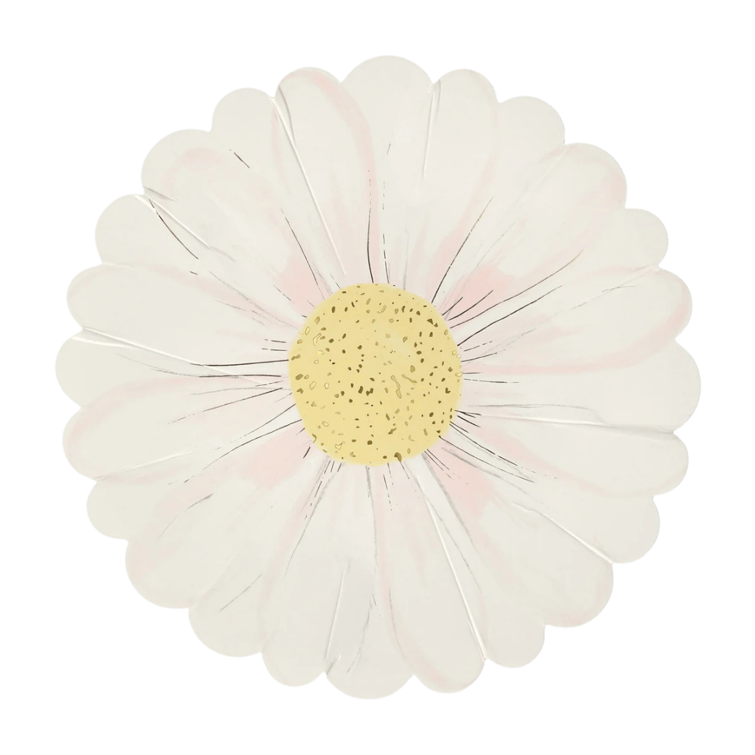 White daisy flower plate with yellow center spring floral theme from Parte Haus party supply store in Bethesda MD.