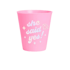 Pink engagement themed cup with she said yes text from Parte Haus party supply store in Bethesda Maryland