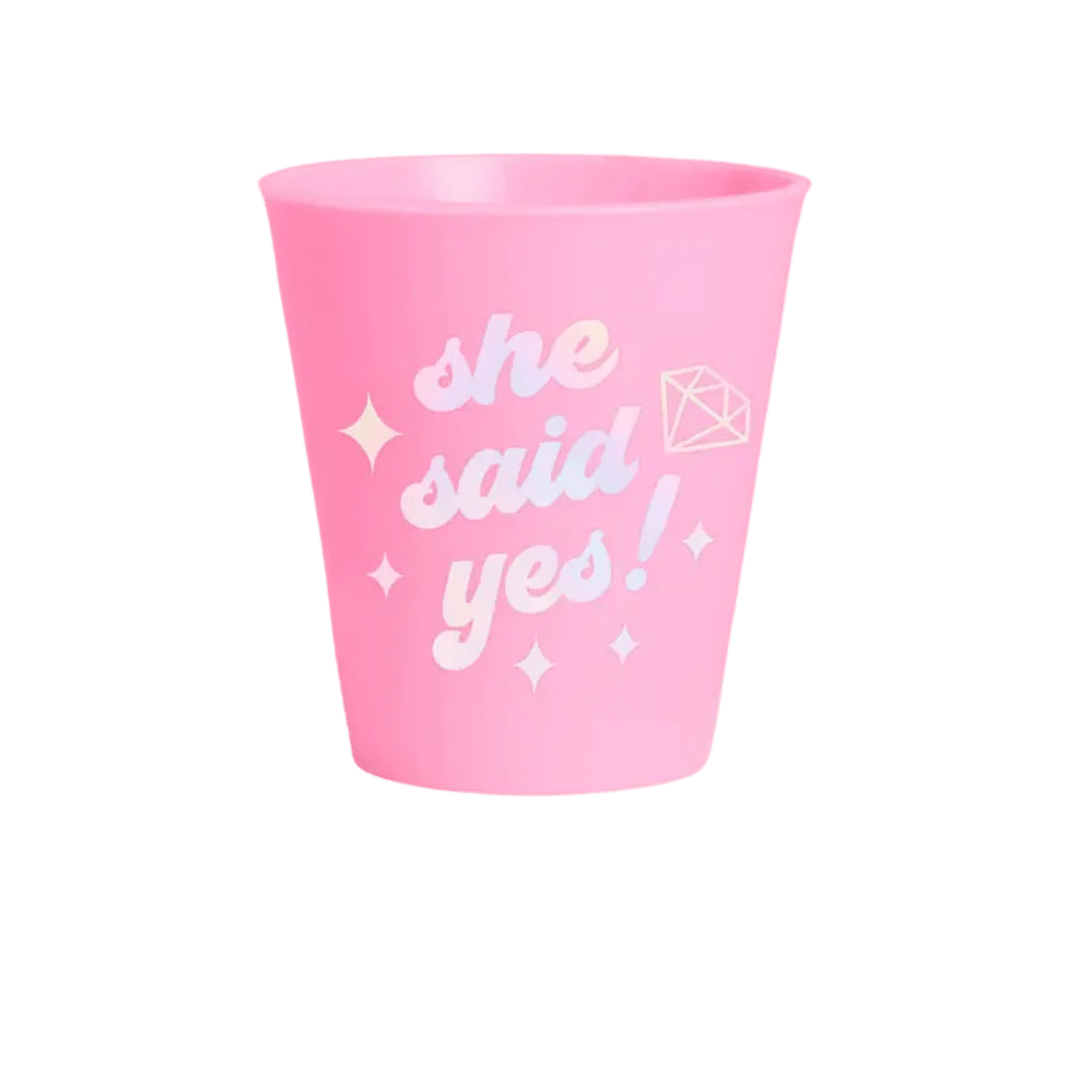 Pink engagement themed cup with she said yes text from Parte Haus party supply store in Bethesda Maryland