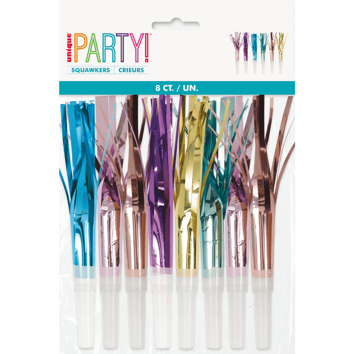 Multicolor squawkers metallic tassel horns birthday celebration favors from Parte Haus party supply store in Bethesda Maryland