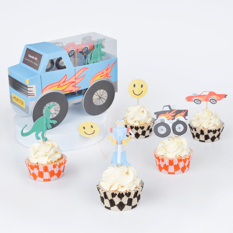 Blue monster truck cupcake kit with car shaped cupcake toppers birthday theme from Parte Haus party supply store in Bethesda MD.