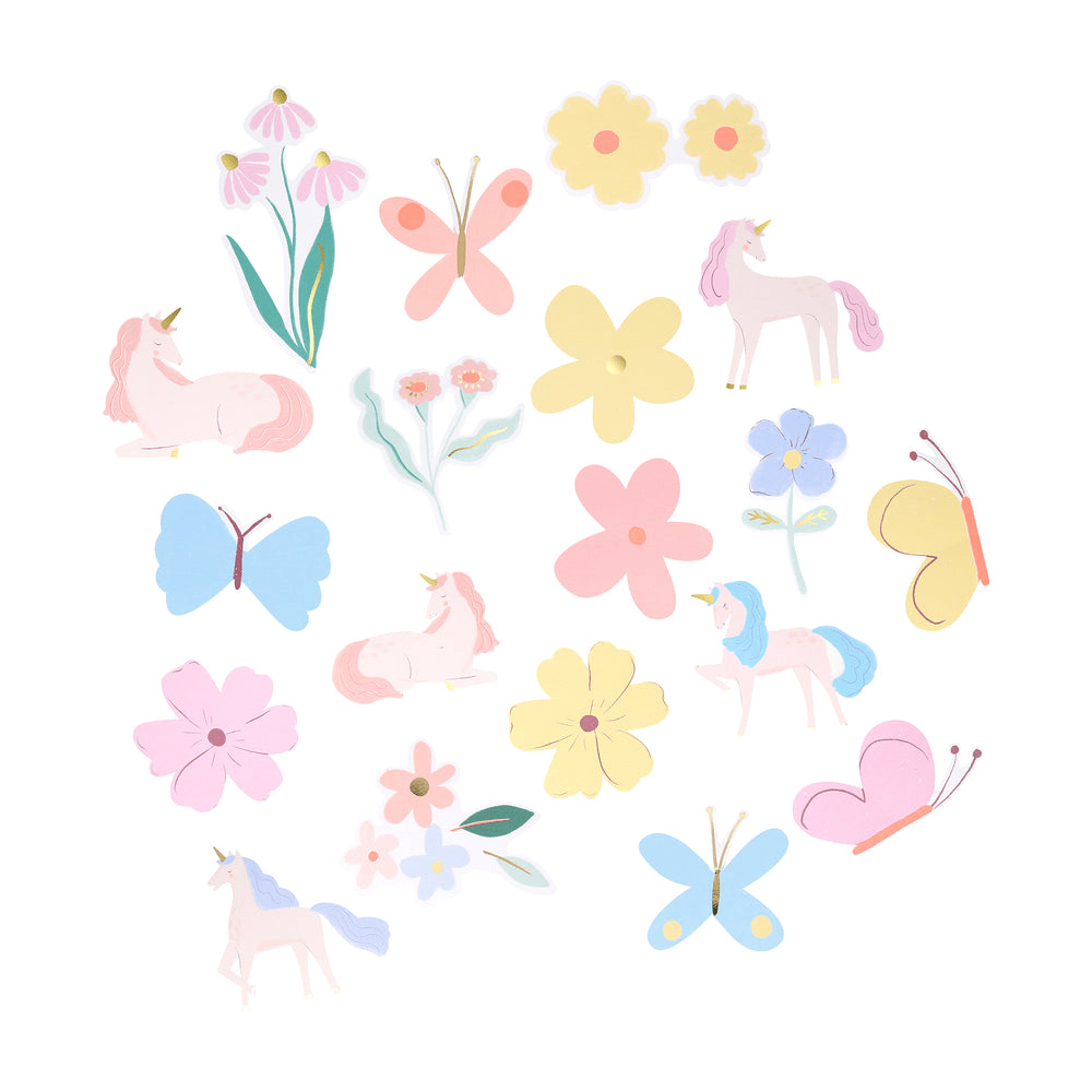 Pastel unicorn and flower wall decals whimsical spring decor from Parte Haus party supply store in Bethesda MD