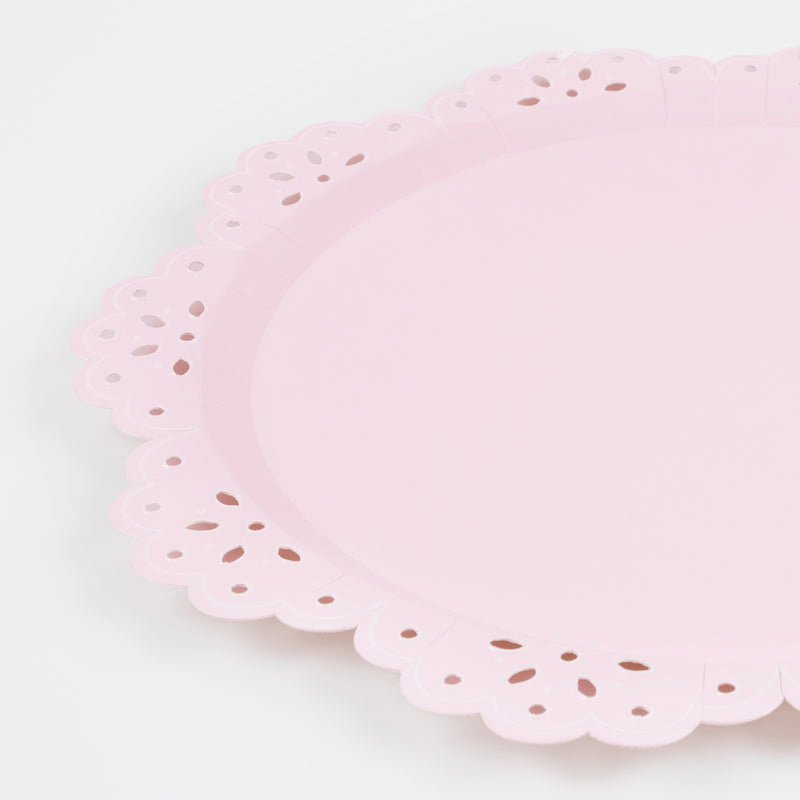 Pink paper plate with scalloped lace edge birthday decor from Parte Haus party supply store in Bethesda MD
