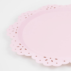 Pink paper plate with scalloped lace edge birthday decor from Parte Haus party supply store in Bethesda MD