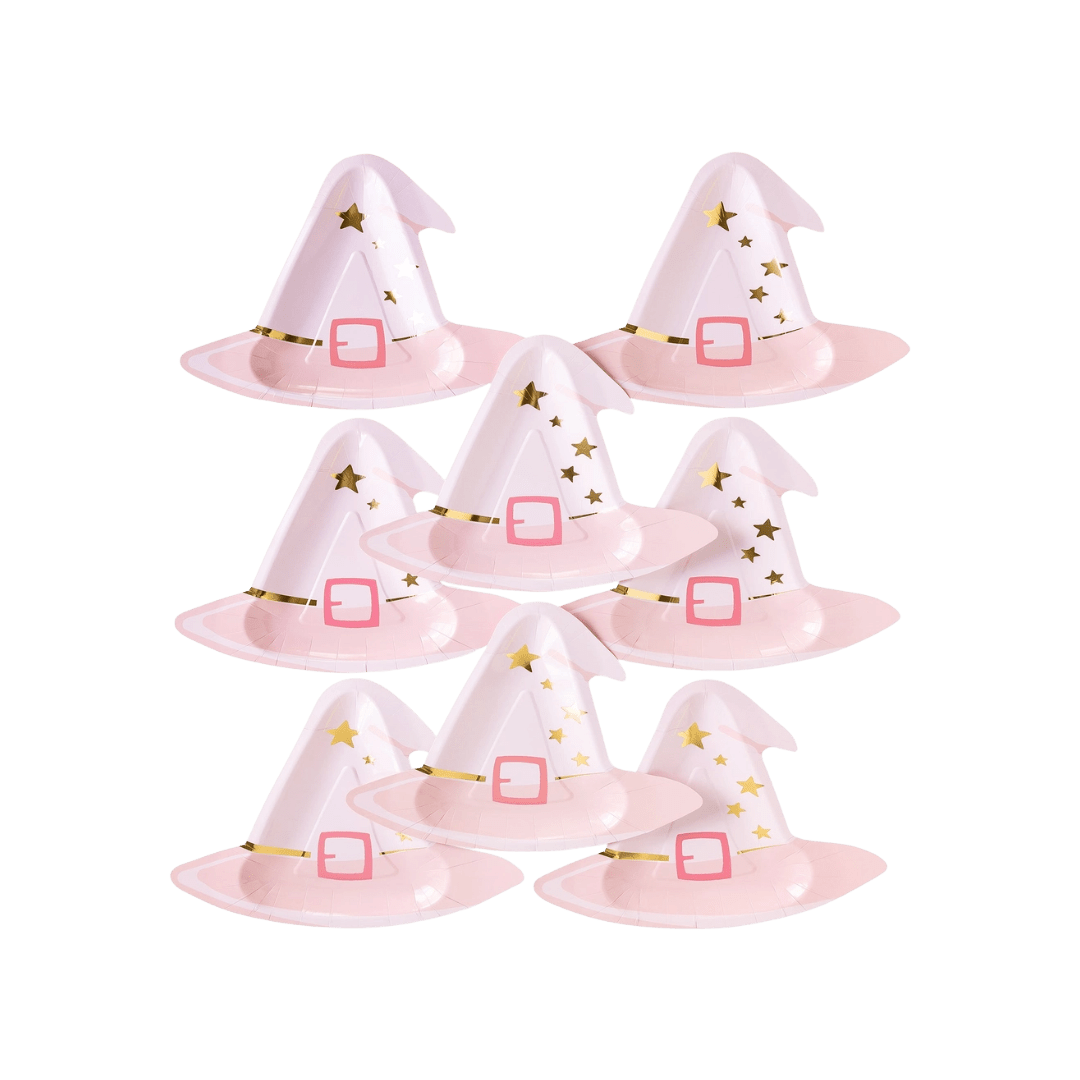 Pink witch hat paper plates Halloween theme from Parte Haus party supply store in Bethesda, Maryland