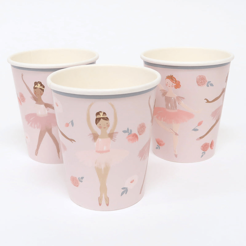 Pink paper cups with ballerina design ballet birthday theme from Parte Haus party supply store in Bethesda Maryland