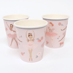 Pink paper cups with ballerina design ballet birthday theme from Parte Haus party supply store in Bethesda Maryland