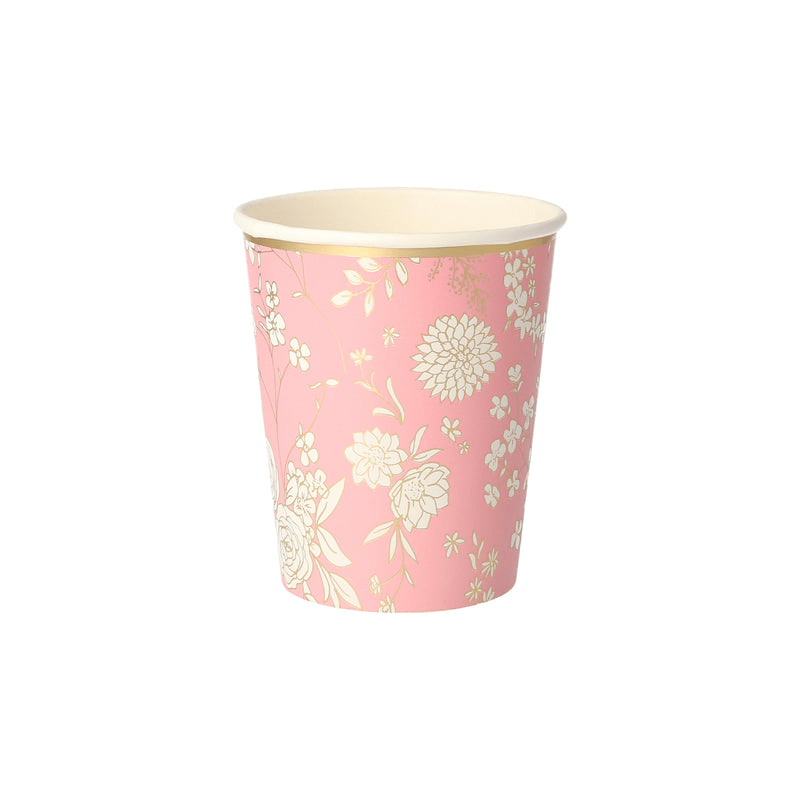 Pink floral paper cup with gold accents for birthday from Parte Haus party supply store in Bethesda Maryland