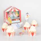 Red and white circus cupcake kit with animal toppers and tent box circus theme from Parte Haus party supply store in Bethesda Maryland