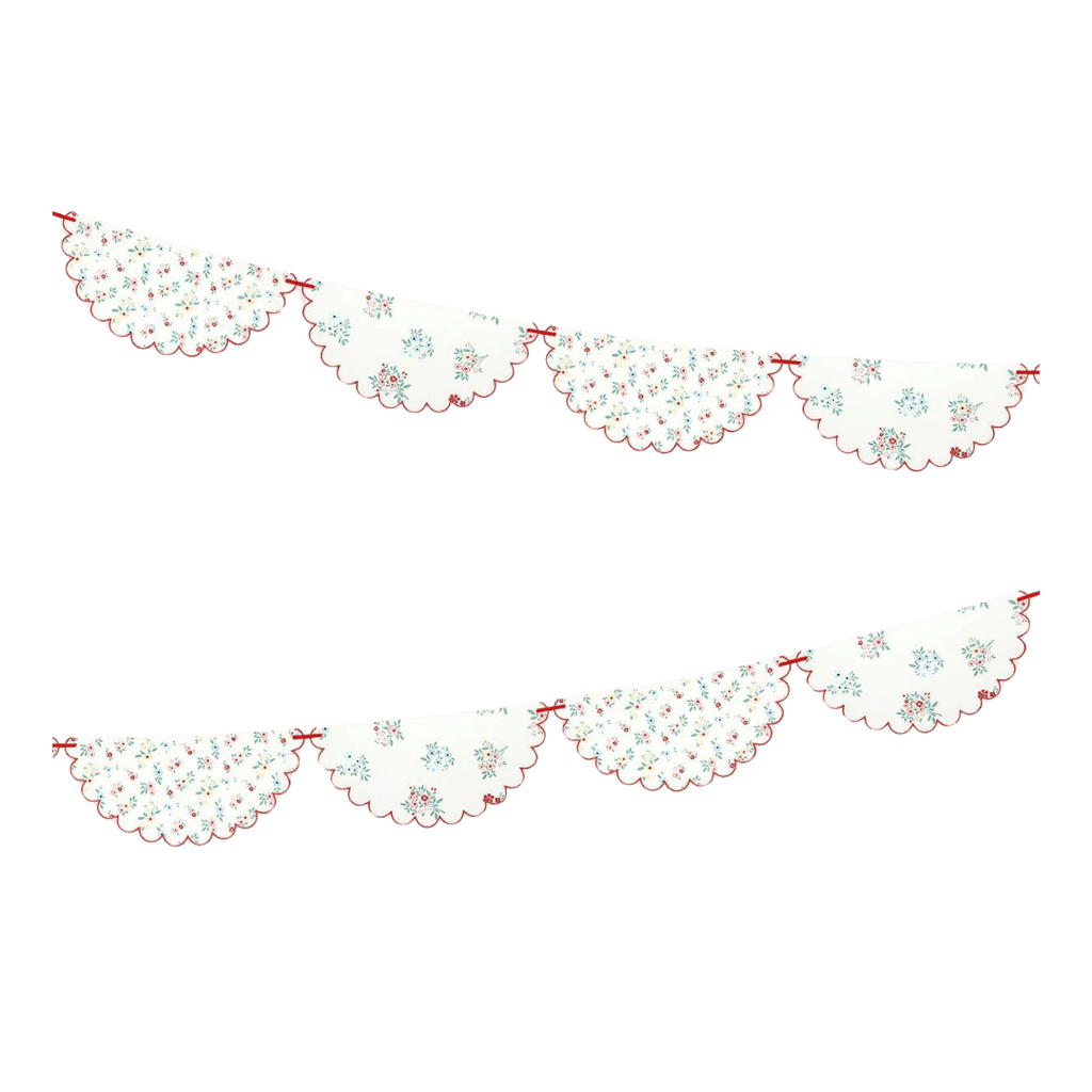White floral banner garland with red trim spring floral decor from Parte Haus party supply store in Bethesda Maryland