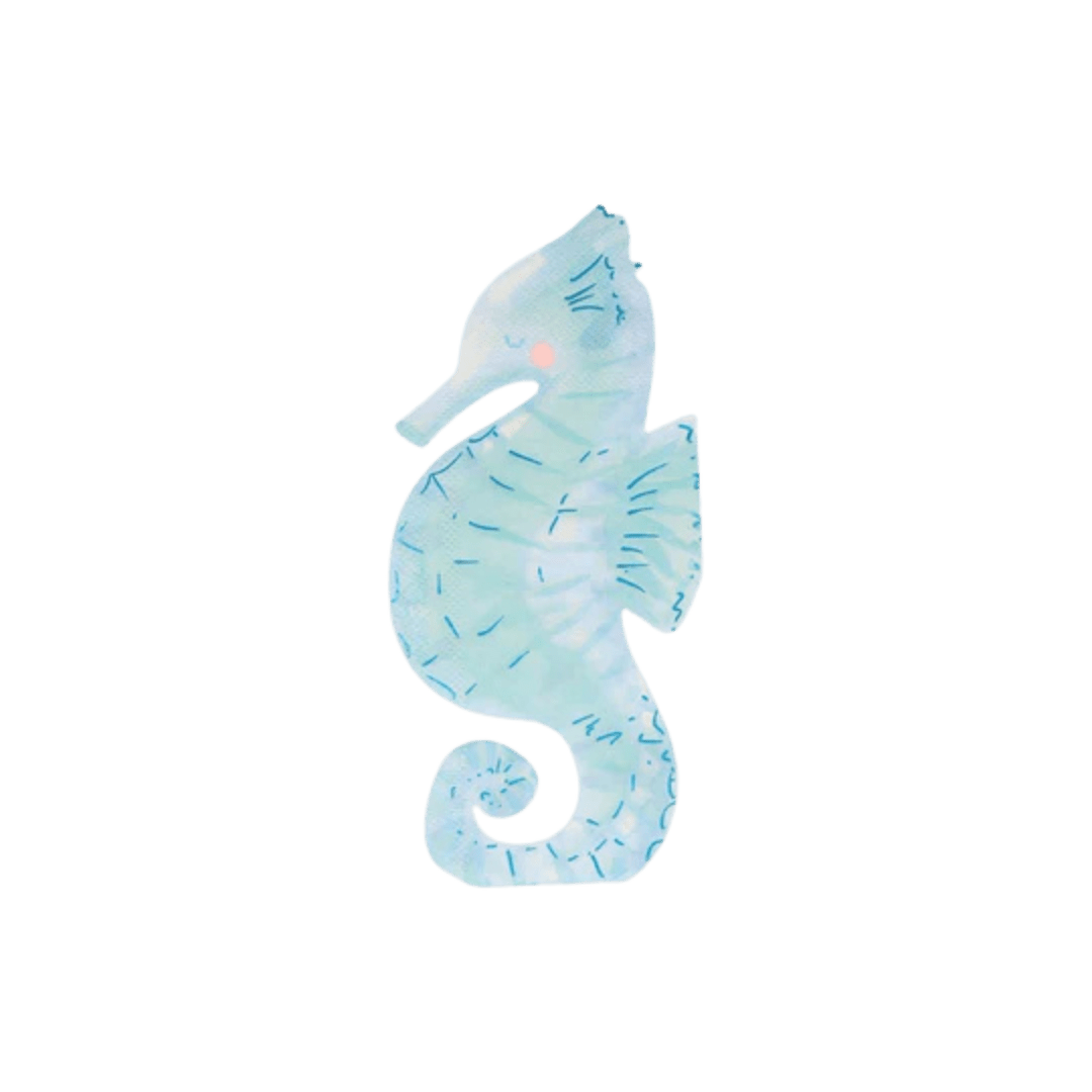 Blue seahorse shaped napkin with ocean theme from Parte Haus party supply store in Bethesda Maryland