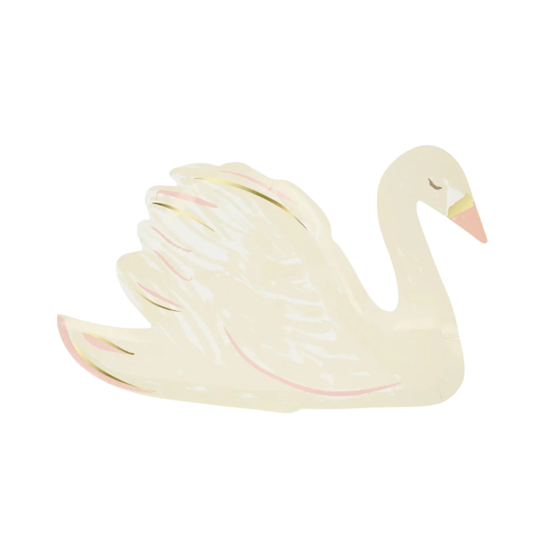 Ivory swan plate with pastel accents decorative birthday party from Parte Haus party supply store in Bethesda MD.