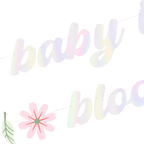 Holographic baby shower banner with pink floral accents from Parte Haus party supply store in Bethesda MD